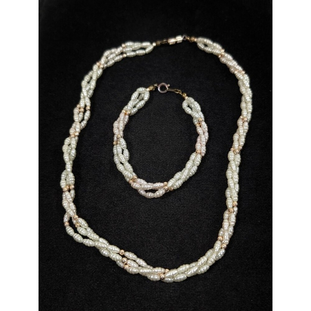 Vintage Glass Faux Freshwater Pearl Multi Strand Twist Necklace Bracelet Set‎